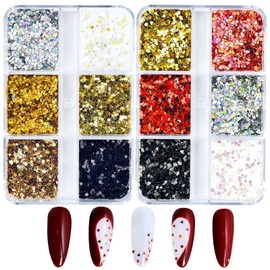 Nail Parts, Holographic Heart, Stars, 2 Cases, Sparkling, Ultra Thin, 0.04 inch (1 mm), Star, Heart, Nail, Hologram, Glitter, Sequins, Gel Nails, Face, Body, Hair Ornament, Resin Enclosed Parts, DIY