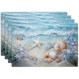 Beach Seashell Placemats Set of 4, 12x18 Inch Summer Coastal Table Place Mat Starfish Washable Non-Slip Heat Resistant Fabric Placement Mats for Dining Kitchen Indoor Outdoor Decor