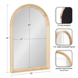 Kate and Laurel Hatherleigh Modern Transitional Arched Wooden Wall Mirror; 20 x 30; Natural; Decorative Wood Arch Mirror for Use in Bathroom; Entryway; or Bedroom