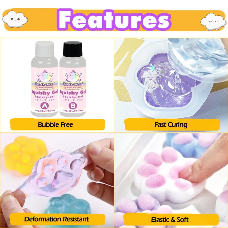 Taba Squishy Kit Set Liquid Gel+3"Paw Silicone Mold+Flocking
