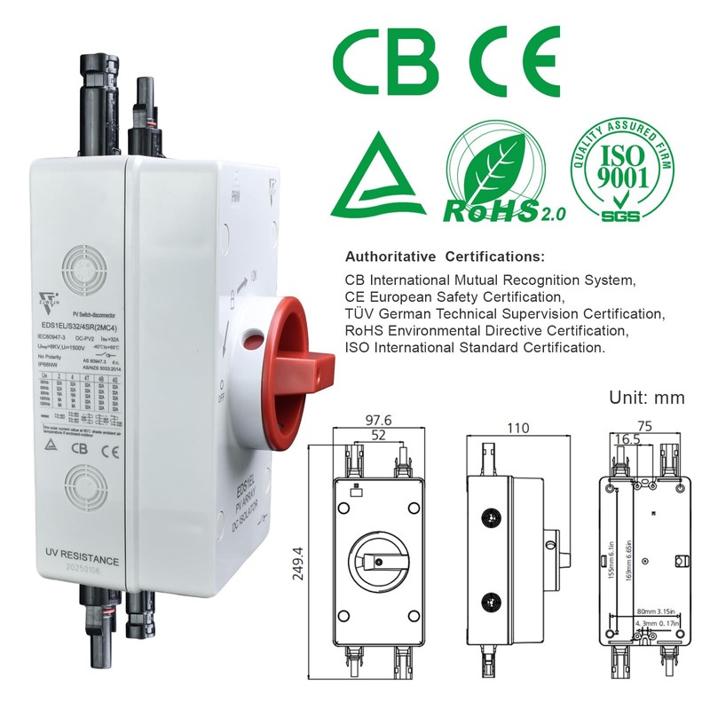 ZJWZJH Solar Disconnect Switch DC1500V 32Amp Isolator Solar Switch with