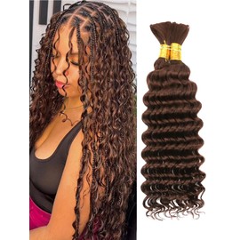 Chocolate Brown Human Braiding Hair Deep Wave Bulk, 4# Color No Weft Curly Braiding Hair Extensions for Boho Braids Wet and Wavy Braiding Human Hair Bundles(18inch,#4,100g)
