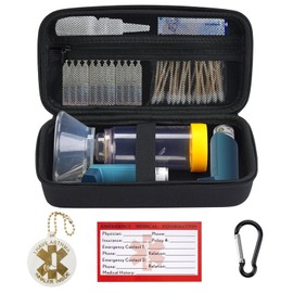 YouKnow Travel Carrying Case for Asthma Inhaler, Inhaler Spacer for Adults and Children, Mask, Inhaler Holder with Asthma Warning Label and Medical Card, with Carabiner (Case Only) (Black)