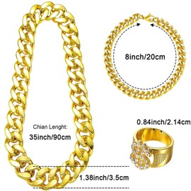 GegXcn 5pcs Hip Hop Costume Kit, 80s/90s Retro Hip Hop Fancy Dress Accessories for Kids & Adults, Fake Gold Chain Necklace, Bracelet, Hip Hop Ring, and Retro Sunglasses for Disco Rapper Outfit