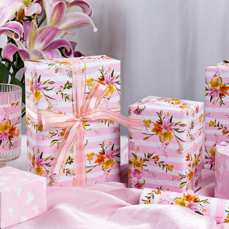 Burymento Pink Striped Flower Wrapping Paper, Reversible Pink Love Design