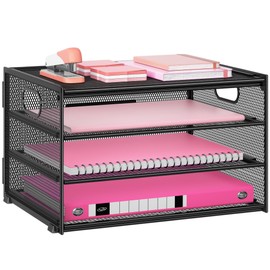 Organizador de Escritorio de 3 Niveles Lavatino, Bandeja Organizadora de Archivos de Metal con Malla para Escritorio, Suministros de Oficina y Organiz