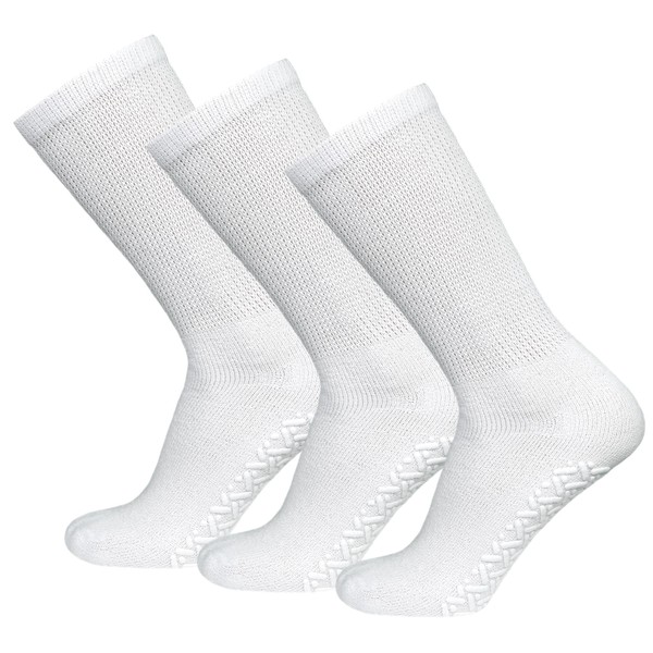 3 Pairs of Non-Skid Diabetic Crew Socks, Non Binding Top Therapeutic Cotton Gripper Socks (White, Size: 9-11)