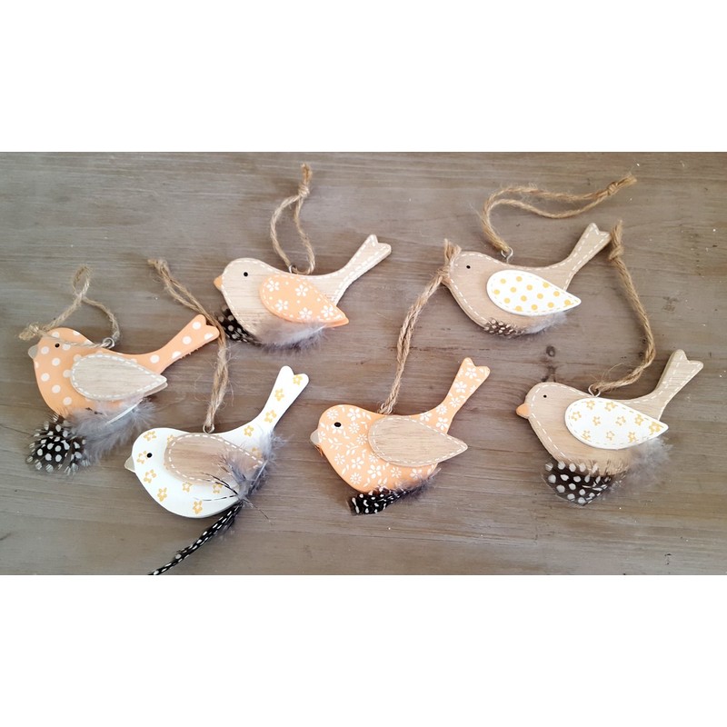 Set of 6 Pendants Birds with Feather Decorative Wooden Bird