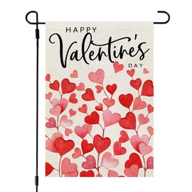 CROWNED BEAUTY Happy Valentines Day Garden Flag 12x18 Inch Double Sided for Outside Small Burlap Red Hearts Holiday Yard Decoration