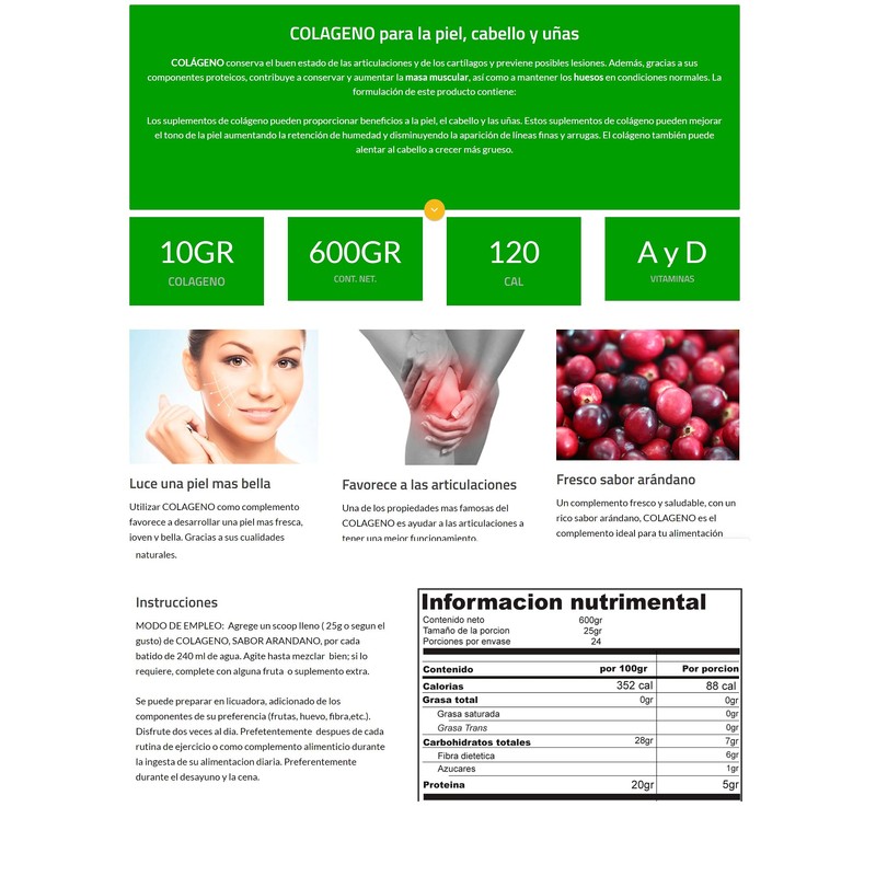 Colágeno Hidrolizado Sabor Arándano, 600 Gr 24 Porciones