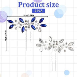 Piriuuo 2 Pcs Crystal Bridal Hair Pins, Rhinestone Hair Clips Sparkle Wedding Haispins Decorative Blue Silver Hairs Pieces Flower Hairs Accessories for Brides Bridesmaids Women Girls