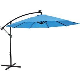 Sunnydaze Outdoor Cantilever Offset Patio Umbrella with Solar LED Lights - Outside Waterproof Polyester Shade Steel Pole - Air Vent, Cross Base and Crank - 9-Foot - Azure