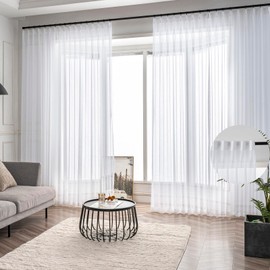 Ftinala White Sheer Curtains 90 Inch 2 Panels Custom Long, Thin Textured Linen Look Window Sheers, Pinch Pleated Drapes for Living Room, Sliding Glass Door Curtain with Rings & Hooks & Back Tab
