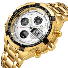 GOLDEN HOUR Luxury Stainless Steel Analog Digital Watches for Men Male Outdoor Sport Waterproof Big Heavy Wristwatch (Gold White)