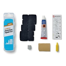 WELDTITE Puncture Repair Kit for Bike Tyre Inner Tubes - Comprehensive & Easy to Use - Includes 8 Rubber Patches, 5 g Solution, Sandpaper, Chalk & Crayon