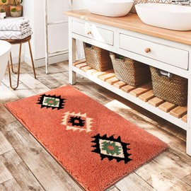 DEXDE Boho Bathroom Rugs Coral Red Bath Mat Non Slip Western Geometric Bath Rug Luxury Soft Absorbent Carpet for Bathroom Shower Kitchen Entryway Farmhouse Decor 24x36