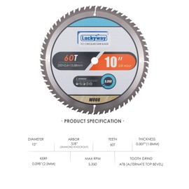Luckyway 10 Inch Miter/Table Saw Blades 60T with 5/8 Inch Arbor TCT Circular Saw Blade for Cutting Wood