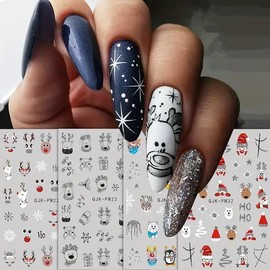 Christmas Nail Art Stickers Snowflake Elk Bear 3D Glitters Nail Decals 4 Sheets Winter Xmas Pattern Adhesive Slider Nail Decals for Christmas Acrylic Nail Art Decoration Manicure DIY Nail Supplies