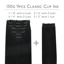 WENNALIFE Clip in Hair Extensions, 150g 16 Inch 9pcs Jet Black Human Hair Extensions Thicker Clip in Hair Extensions Real Human Hair Clip Set Double Weft