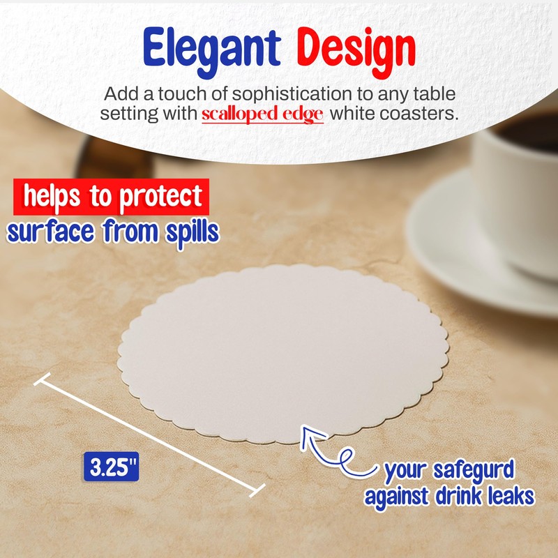 MT Products White Thin Paper Coasters 3.25" - Scalloped Edge