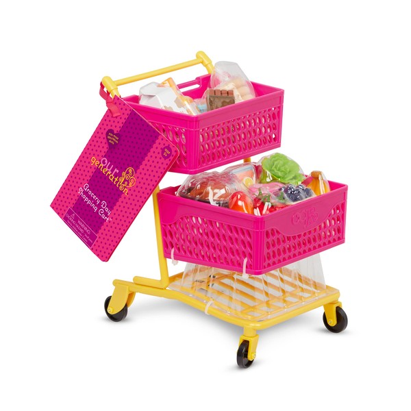 Our Generation BD35159Z Deluxe Shopping Trolley Pink/Yellow & Food -