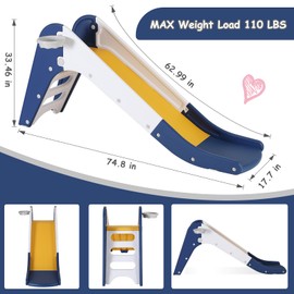 MAMIZO Freestanding Toddler Slide, Kid Slide Climbing with Basketball Hoop & Ball, Playset Slide with Extended Buffer Slide, Indoor/Outdoor Baby Slides for 3 Years+ (Blue Yellow)