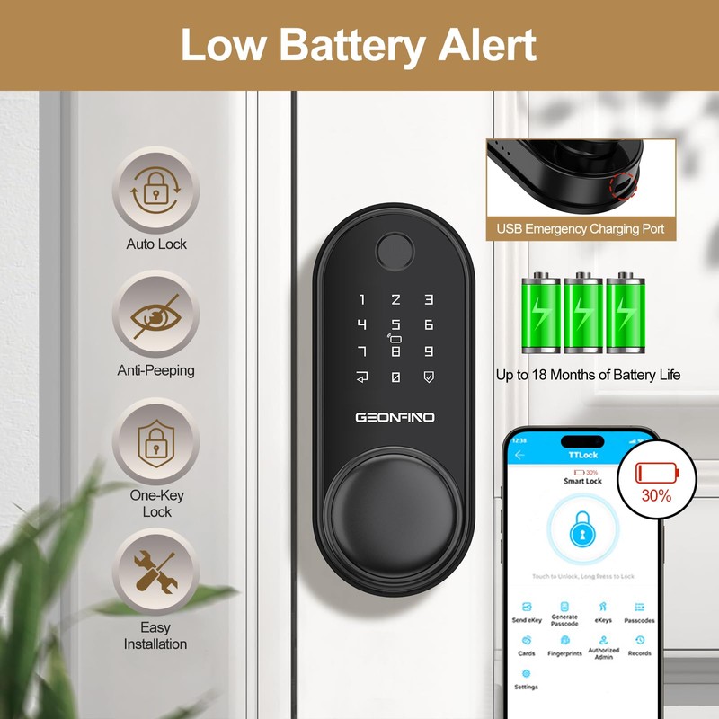 GEONFINO Smart Door Lock with Knob, Keyless Entry Door Lock