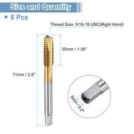 uxcell Spiral Point Plug Threading Tap 5/16-18 UNC Thread, Ground Threads H2, High Speed Steel 6542, Titanium Coated, Screw Taps Tapping Bit for Thread Repair, 6pcs