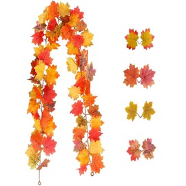 Artificial Maple Leaves Garlands, Artificial Maple Leaf, Autumn Garland with Maple Leaves, Decorative Garland with Autumn Leaves (Yellow and Orange)