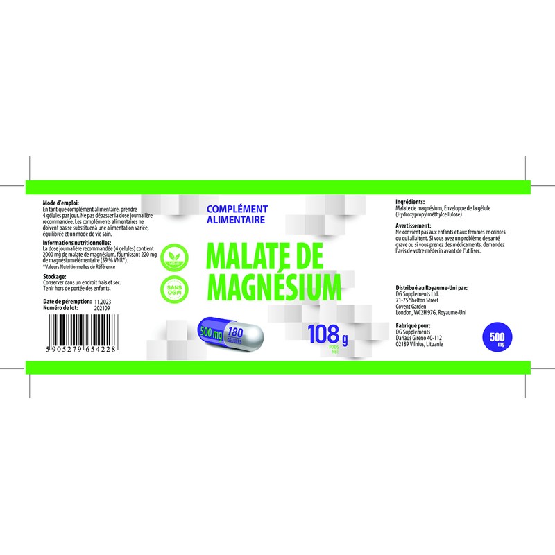 Magnesium Malate 2000 mg per serving 180 vegan capsules, laboratory