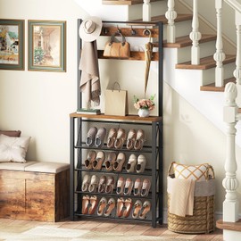 HOOBRO Hall Tree with Bench, Narrow Shoe Rack with Coat Rack, Coat Rack with Shoe Storage, 5 Tier Slanted Shoe Storage Organizer, Coat and Shoe Rack Entryway, Slim Hall Tree, Rustic Brown BF20MT01