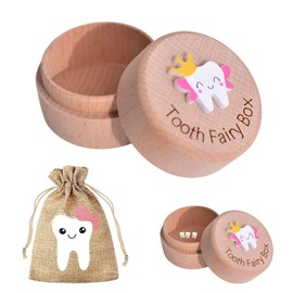 Watlikeup Wooden Tooth Fairy Box with Tooth Fairy Bag,Tooth Fairy Kit Set,Round Collect Lost Tooth Box,Case Keepsake Organizer Tooth Fairy Pouch,Baby Teeth Storage Box Kids Gift to Keep Kids Memory