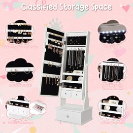 Kids Jewelry Armoire with Full-Length Mirror, Child Jewelry Cabinet with Led Light, Freestanding Jewelry Organizer, 3 Storage Drawers, Kids Vanity Dress Up Mirror Jewelry Cabinet for Girls