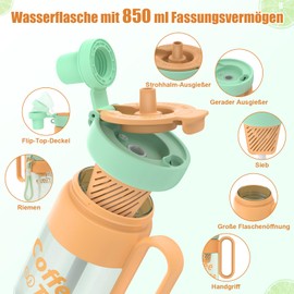 Tlater Leak-Proof Drinking Bottle, 850 ml Tritan, BPA-Free Water Bottles with Straw, Filter Vessel, Handle and Removable Drawstring, Suitable for Home, Schools, Offices, Gyms