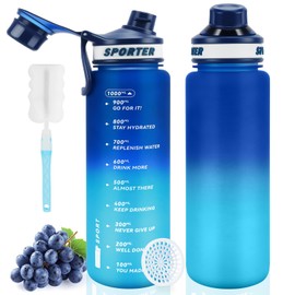 MOMSIV Water Bottle, Sports Water Bottle, 1 Litre, BPA-Free, Leak-Proof Sports Water Bottle with Time Marking and Brush, Sports Bottle for Fitness, School, Bike, Camping, Yoga (Blue)