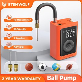 Etenwolf Quiet Basketball Air Pump, 3200mAh Electric Ball Pump with Auto Stop & Deflate, ±0.3 PSI Gauge for Soccer/Volleyballs – P300 Plus (Vivid Orange) Portable