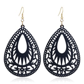 T-ztoss Wood Dangle Earrings for Women Natural Retro Lightweight Teardrop Hollow Wooden Earrings African Geometric Statement Earrings (Black)