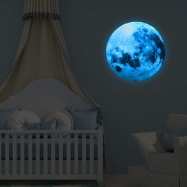 Alnicov Glow in The Dark Moon Wall Stickers 11.8in Luminous Moon Ceiling Art Stickers for Bedroom Living Room Birthday Decor Blue