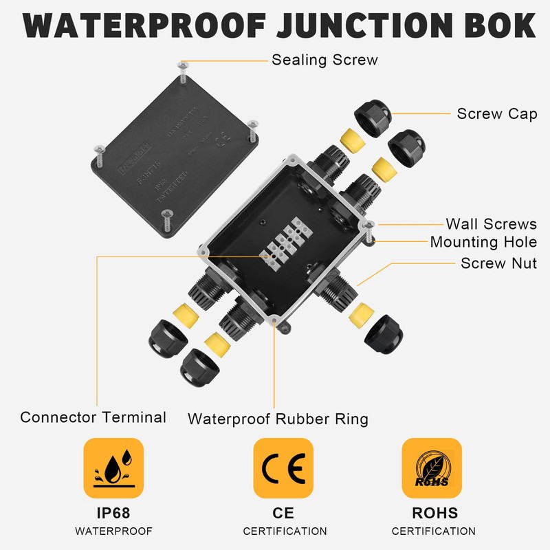 Junction Box Waterproof IP68, 5-Way Junction Box Outdoor, Surface-Mounted Cable