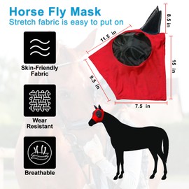 HUAME Horse Fly Mask with Ears, Comfortable Fit Stretch Fabric with UV Protection Soft on Skin Breathability for Medium or Large Size Horses (Red, Large)
