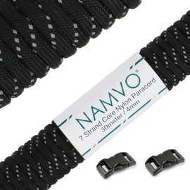 NAMVO Reflective Parachute Cord, 550 Paracord Mil Spec Type III, 7 Strand Parachute Cord, Total Length 100 ft / 30 Metres, Black