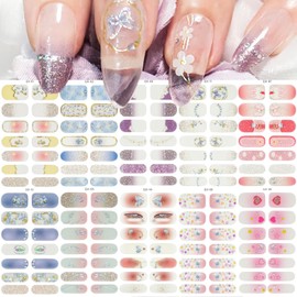 Butterfly Nail Polish Stickers, 140PCS Flower Glitter Nail Wraps with 3D Nail Gems, Flower Butterfly Heart Nail Design Full Cover Holiday Nail Art Strips Decals for Women Girls