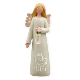 Feather & Grace Angel Hand Painted Resin Decorative Figurine Holidng Flower Jar Resin with So Lucky You're My Sister Message | Pefect Decortation for Living Room, Bookshelf, Desk