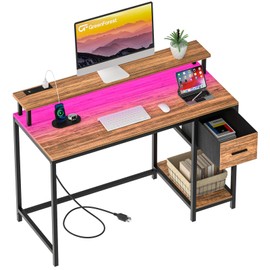 GreenForest Computer Desk with Fabric Drawers 47 inch Small Desk with Monitor Stand and Reversible Shelf Writing Desk with Power Outlets and LED Lights for Small Space Work from Home Office,Walnut