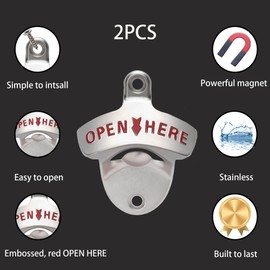 Luwanburg Stainless Wall Mounted Magnetic Bottle Opener, Silver Magnetic Soda Beer Cap Opener Mountable (Pack of 2)