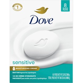 Dove Beauty Bar More Moisturizing Than Bar Soap for Softer Skin, Fragrance Free, Hypoallergenic Sensitive Skin With Gentle Cleanser 3.75 oz, 8 Bars