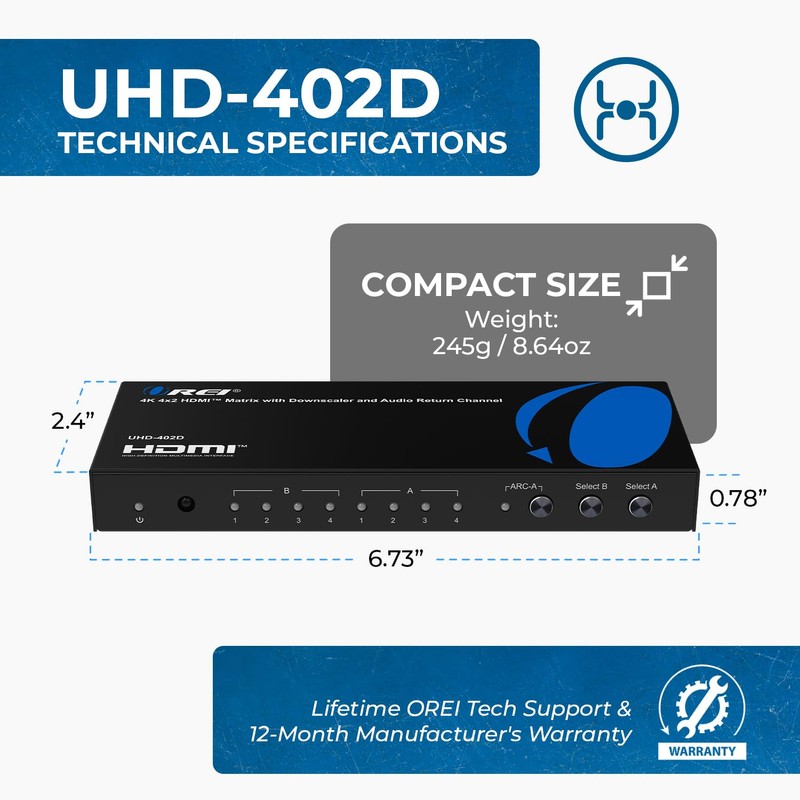 OREI 4K HDMI Matrix Switch with Downscaler & ARC –