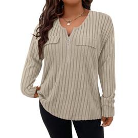 Gemulate Ladies V Neck Jumpers Plus Size Jumpers for Women Long Sleeve Tops Casual Zip Up Plus Size Ladies Jumper Loose V Neck Lightweight Sweatshirts Sweater Basics Clothes Women - Beige, 5XL