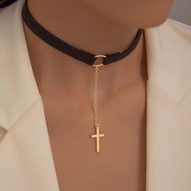Yheakne Boho Black Velvet Choker Necklace Gold Cross Pendant Necklace Vintage Cross Y Lariat Necklace Gold Religion Cross Short Necklace Jewellery for Women and Girls, Zinc