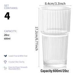 Sunidearly Ribbed Glass Tumbler Set of 4-20oz Textured Drinking Glasses for Iced Coffee, Smoothies & Cocktails - Durable Glassware with Wide Rim - Dishwasher-Safe Cups for Kitchen or Bars
